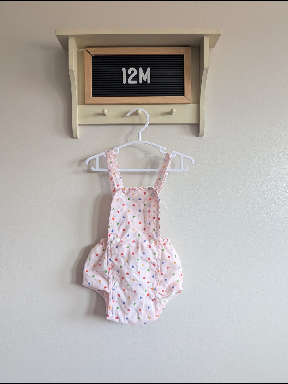 Vintage Baby Girls Heart Print Pink Romper Overalls - 12M